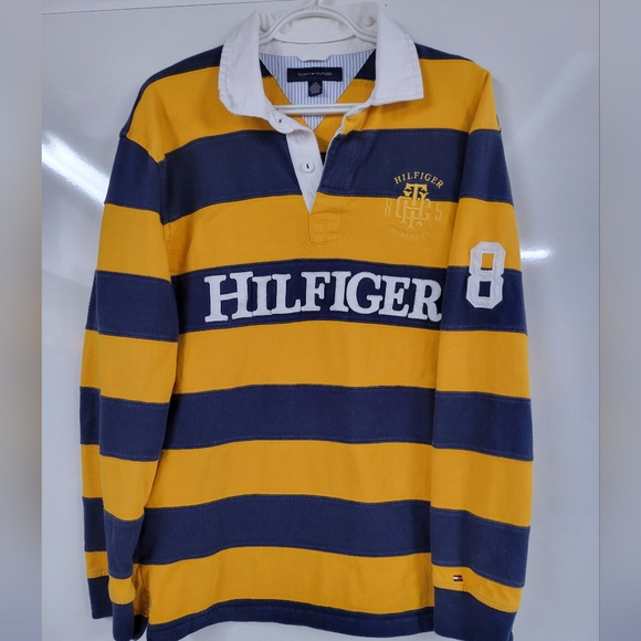 Two Premium Tommy Hilfiger Rugby Polo Stripe Large Longsleeve Y2K Shirts - Picture 7 of 8